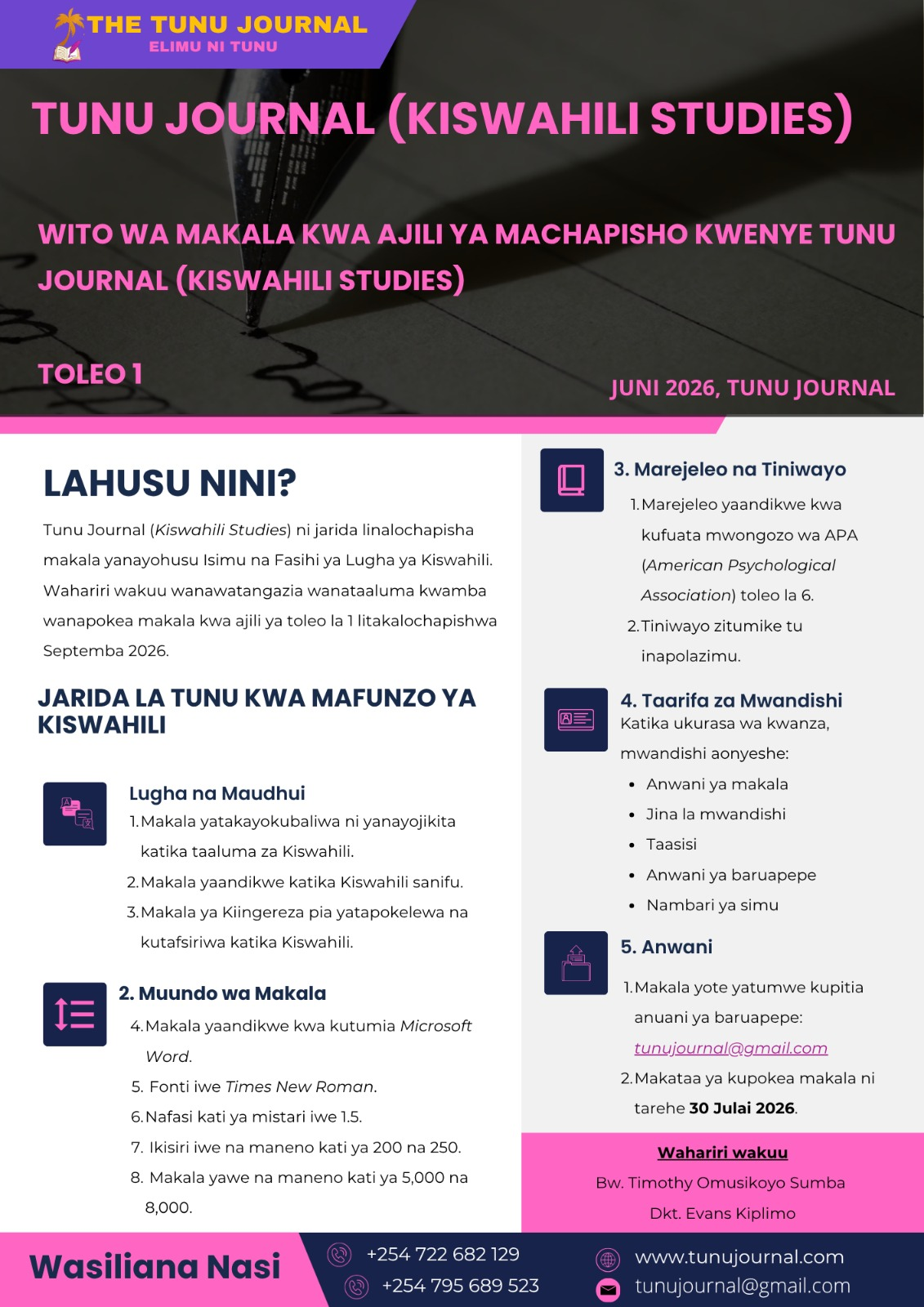 Wito wa Makala - Tunu Journal Kiswahili Studies
